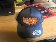 Quadrajet Power grey snapback trucker cap with orange embroidered QuadrajetPower.com logo