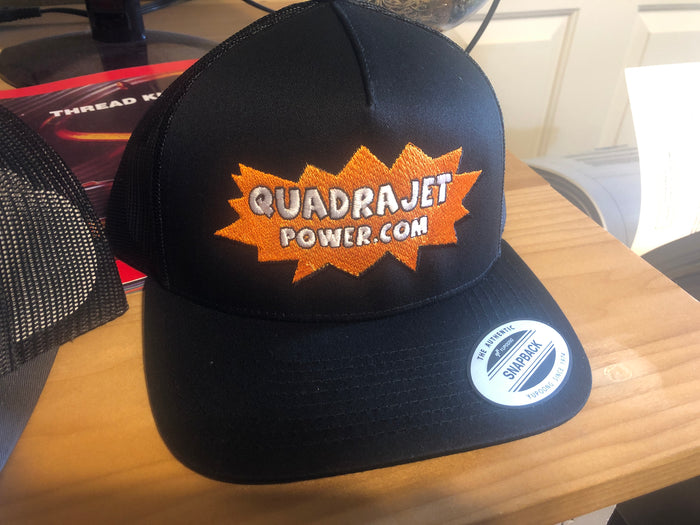 Quadrajet Power black snapback trucker cap with orange embroidered QuadrajetPower.com logo